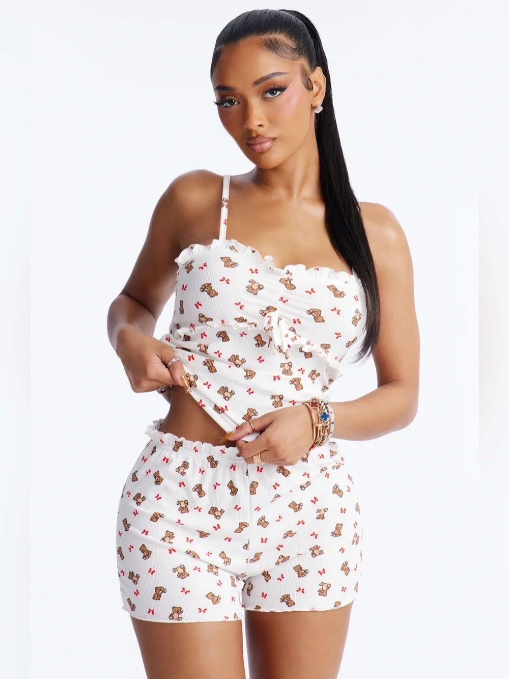 ✨ White Teddy Print shorts Pajama Set - Cute Two-Piece Sleepwear